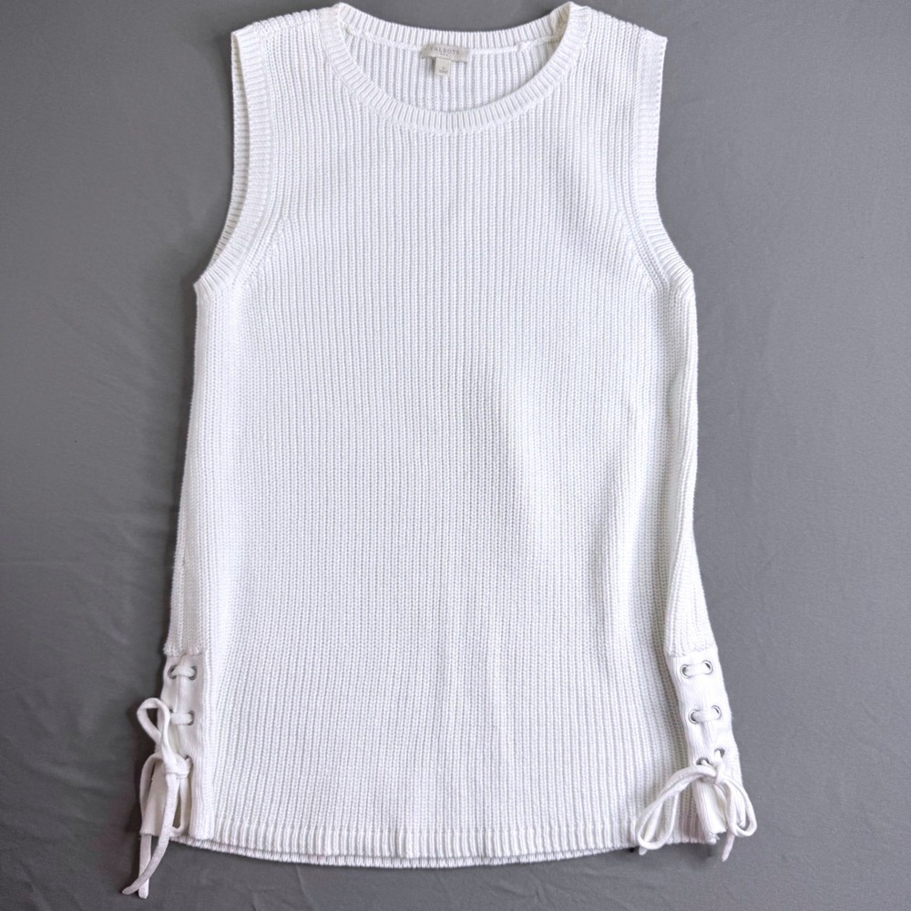 Talbots Womens White Cotton Shaker Knit Sleeveless Lace Up Side Sweater Shell S